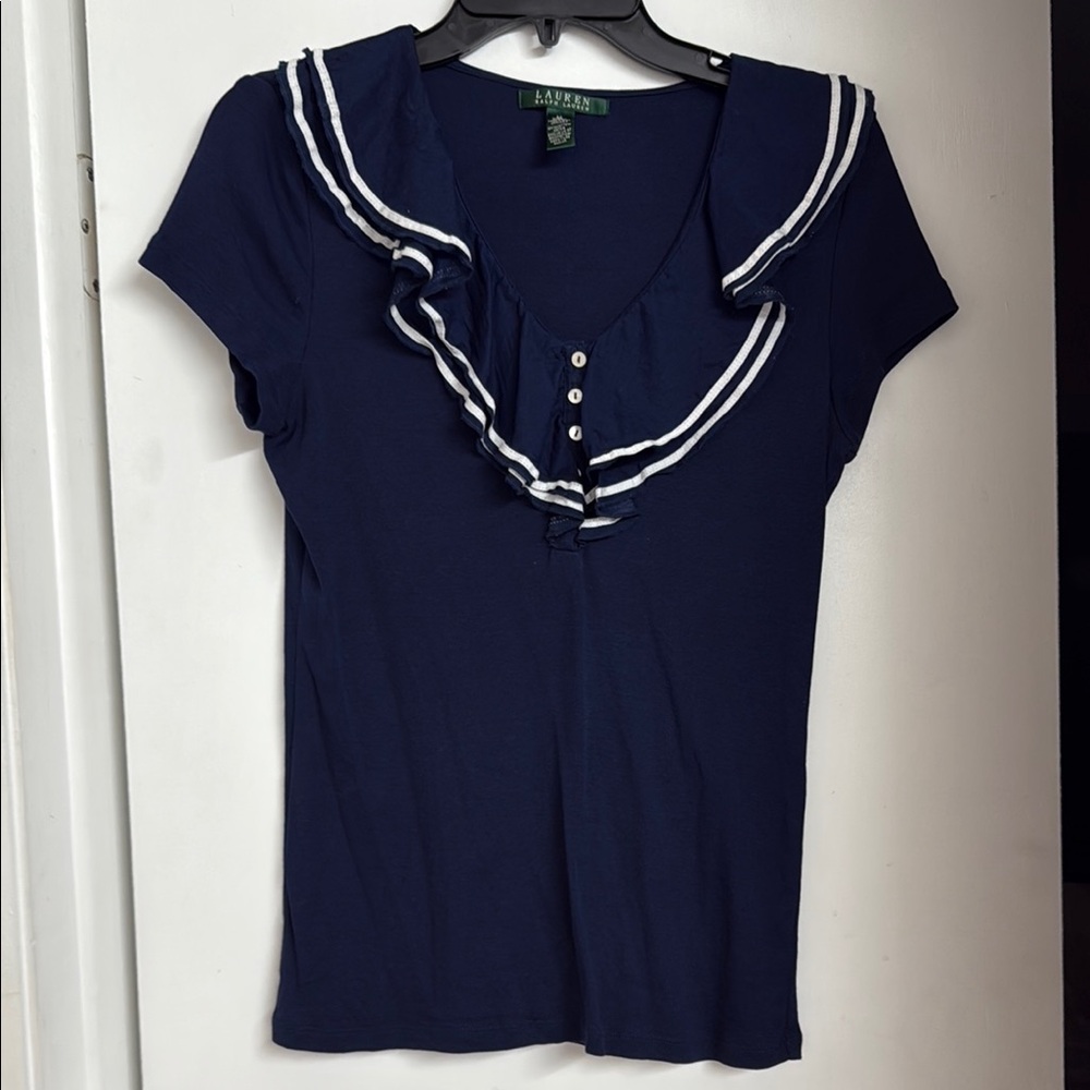 Ralph Lauren Blue Ruffled Cap Sleeve Blouse with Sailor Collar